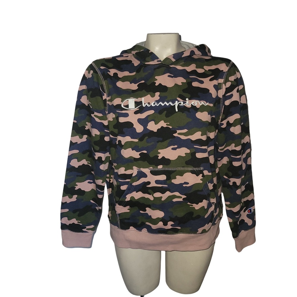 Champion Camo Hoodie Sweatshirt Pink Green Blue Cotton Blend Pullover XL